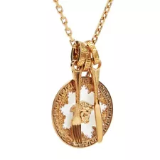 NIB Versace Medusa Enamel Plate Cutlery Gold Logo Charm Pendant Necklace $995