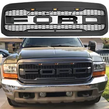 Front Grille For 1999-2004 Ford F250 F350 Raptor Style Matte Black W/3LEDs ABS