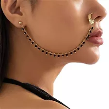 Non Piercing Beaded Tassel Nose Ring with Chain to Ear Stud Indian Belly Black