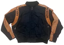 Vintage Harley Davidson Riding Full Zip Black Orange Shield Nylon Bomber Jacket