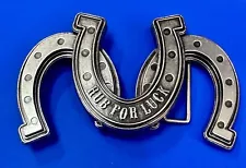 RUB FOR LUCK TRIPLE HORSESHOES NOVELTY HORSE SHOE CUTOUT BELT BUCKLE