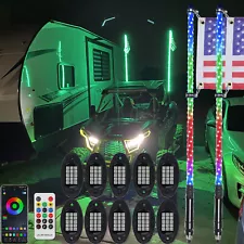 Pair 4FT Spiral RGB LED Lighted Whip Lights + 10 Pods Rock Light For ATV UTV RZR (For: 2002 Yamaha)