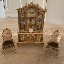 Miniature Dollhouse Gold Regency Style Hutch And Two Chairs 1:12 Scale