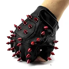 Red Metal Spike Studded Leather Fingerless Gloves Cosplay Biker Rock