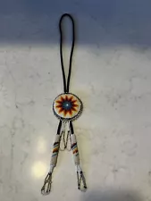 Vintage Handmade Seed Bead Yellow Orange Blue Bolo Tie