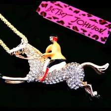 Betsey Johnson White Crystal Racing Horse Pendant Necklace Brooch Free Gift Bag