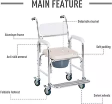 PE Shower Commode Wheelchair Toilet and Bedside Transport Chair w/Padded Seat