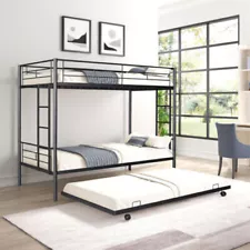 Twin over Twin Metal Bunk Bed Frame with Twin Trundle Upgraded For Kids Bedroom