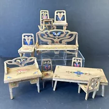 Antique Vtg Collapsable Miniature Wooden Doll House Furniture Hand Carved 9 Pcs