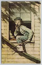 Huck Finn Calling for Tom Sawyer from Window by Norman Rockwell Vtg Postcard C15