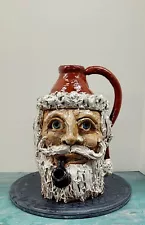 Southern Folk Art Santa Man With Pipe Face Jug By Melissa Herman