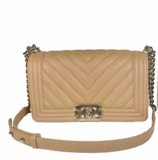 Authentic NWT Chanel 2023 Tan Caviar Leather Chevron Quilted Medium Boy Bag