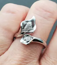 QVC Affinity Diamonds 925 Sterling Silver Calla Lily Bypass Ring Size 10.5