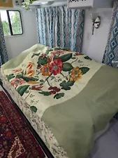 Vintage 46 X 95 Queen Size Green Multicolor Botanical Floral Bed Scarf Runner