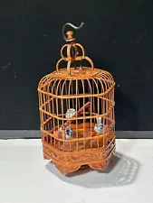 Vintage Chinese Bamboo Song Bird Bird Cage With Porcelain Feed Bowls