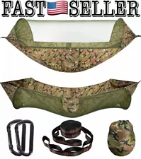 Portable Single Camping Hammock With Automatic Pop-up Net, Camo