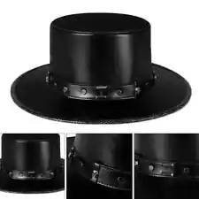 Black Steampunk Plague Doctor PU Leather Flat Top Hat for Halloween Cosplay