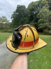 Cairns Brothers 5A Leather Scroll Fire Helmet Yellow Over Brown ROANOKE VA Named