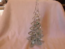 Beautiful Crystal Art Glass w/Green Ribbon Xmas Pine 10" Tree-Great for Villages