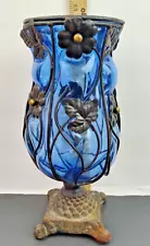 Beautiful Large Blue Caged Glass Vase with Metal Pedestal and flowers 12 in. Tal