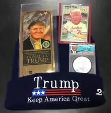 Trump LOT SET GOLD AURUM 1/10gr 24k & TRUMP 1oz SILVER EAGLE + F.FACE CARD + HAT