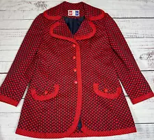 Vintage Lilli Ann Knit Coat Size Medium Red Print Button Front Collared Lined