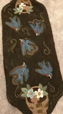 Primitive Hand Hooked Rug Blue Birds