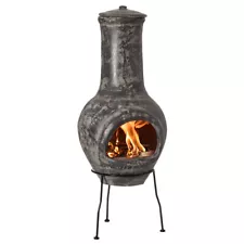 Gray Clay Chiminea Fireplace 14" Charcoal Fire Pit Metal Stand Barbecue Outdoor