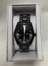 Wrist Watch Accutime Analog W/Faux Jewels Stainless Steel Caseback In Box Black