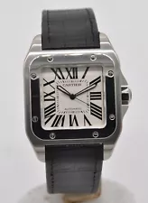 Cartier Santos 100 Large Steel White Dial W20073X8 2656 Leather Automatic