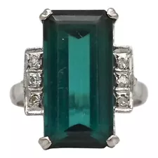 MODERN GREEN TOURMALINE DIAMOND COCKTAILE RING 14K WHITE GOLD SIZE 5.5