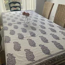 Indian Floral Block Print Cotton Tablecloth Rectangle White/purple 59x97