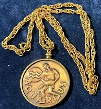 70's Vintage AQUARIUS Pendant Thick Necklace 24" Horoscope Astrology Jewelry