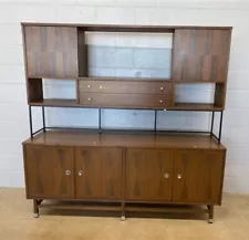 Mid Century Modern Danish 2 Piece Walnut Parquet Walnut Credenza Sideboard By...