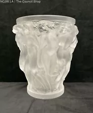 Large Lalique Bacchantes Nude Dancing Woman Frosted Crystal Vase Made in France