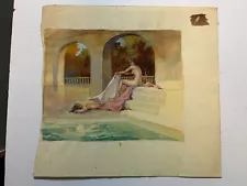 Art Nouveau Watercolor Painting 2 Nude Women on Pool Stone Coping Unframed Paper