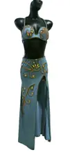 Egyptian Belly Dance Costume bra & Skirt Set Pro Dancing Blue & Golden Beads