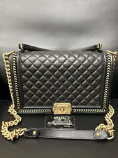 Chanel Quilted Large Boy Top Handle Flap Black Lambskin Shoulder Handbag