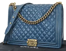 Authentic CHANEL BOY Blue Quilted Leather Gold Chain Shoulder Flap Bag #42074