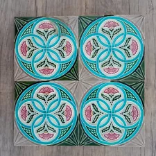 Vtg art nouveau majolica geometric multi color floral stunning tile 4pcs lot