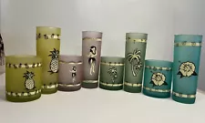 Set Of 8 Tiki Farm HI*LOW BALL Frosted Glasses Hula, Palm, Pineapple, Hibiscus