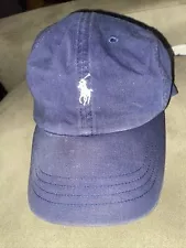 Polo Ralph Lauren Hat Baseball Cap Blue Adjustable Leather Strap WHT Horse Logo