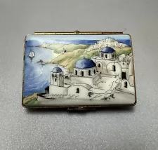 Peint Main French Limoges Trinket Box Signed Postcard Santorini Greece