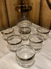 Vintage Dorothy Thorpe style Cocktail Set & 6 Roly Poly Silver Rim Glasses MCM!