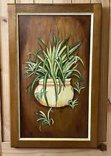 Vtg folk art painting on wood framed Spider plant botanical￼ 1978 Boho OOAK