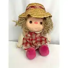 VTG Ice Cream Doll 1980 J Shin Yellow Yarn Hair Straw Hat Checkered Dress