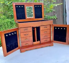 Oversized Jewelry Chest Organizer Box Cherry Wood Multi-Drawer Mirror