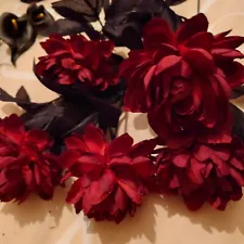 5 x Burgundy Peony artificial flowers with black leaves and stems