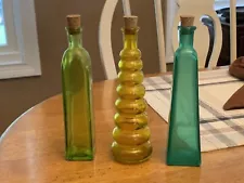 Lot of 3 Decorative Color Glass Bottles or Bud Vases w/ Cork Stoppers Decanters