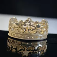 Gold Crown Ring Mens Wedding Band 14K Unique Solid Yellow Regal King Engagement